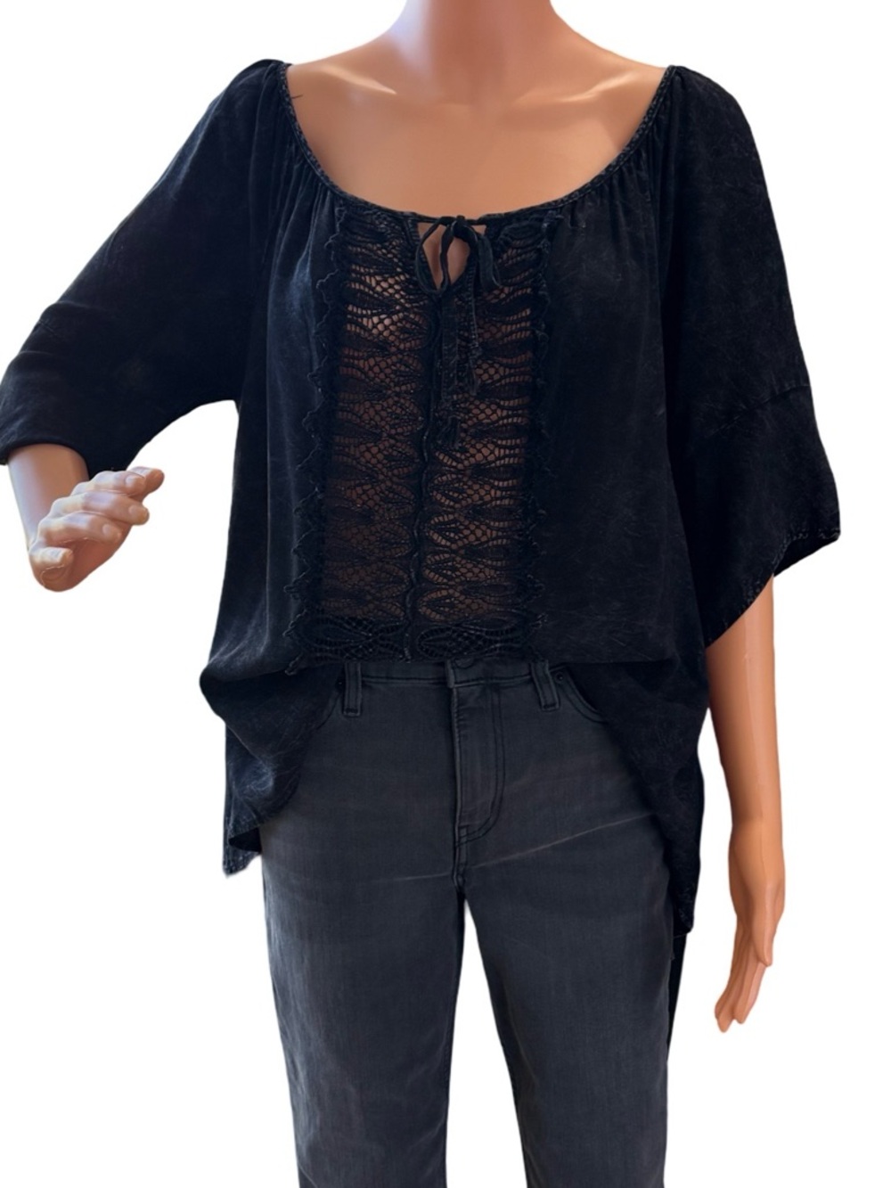 Relaxed Black Crochet-Front Peasant Blouse